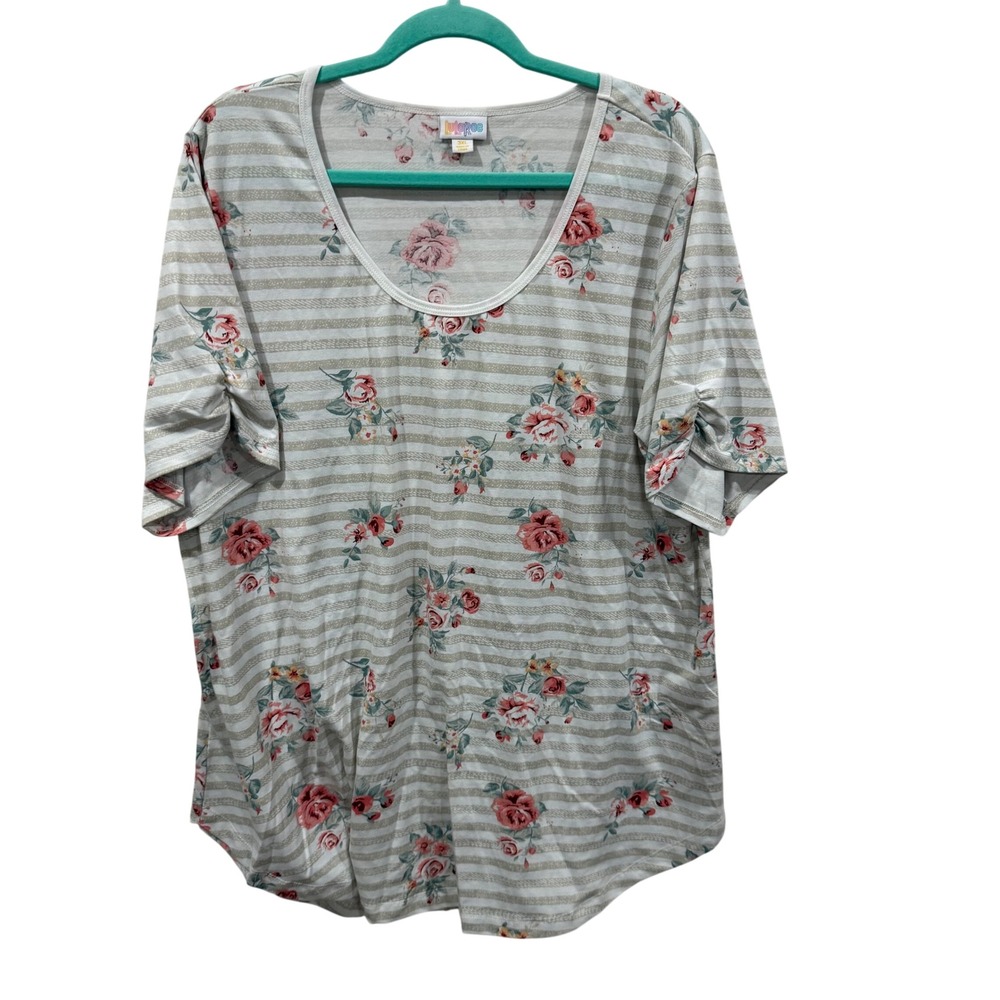 LuLaRoe Floral Striped Short Sleeve Scoop Neck Top Pink Tan White 3XL